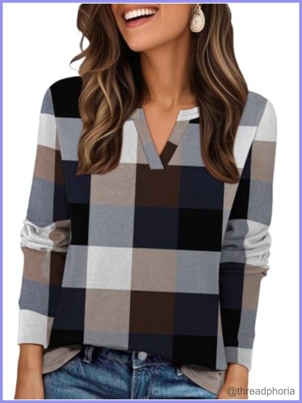 Womens Plaid V Neck Fleece Pullover Sweatshirt Long Sleeve